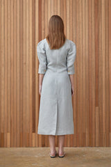 Elegant Button-Down Linen Midi Dress with Structured Sleeves and Flattering Silhouette