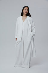 Longline Linen Coat with Open Front and Detachable Waist Belt