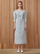 Elegant Button-Down Linen Midi Dress with Structured Sleeves and Flattering Silhouette