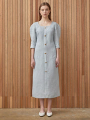 Elegant Button-Down Linen Midi Dress with Structured Sleeves and Flattering Silhouette