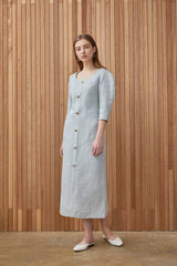 Elegant Button-Down Linen Midi Dress with Structured Sleeves and Flattering Silhouette
