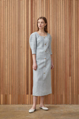 Elegant Button-Down Linen Midi Dress with Structured Sleeves and Flattering Silhouette
