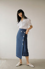 High-Waisted Asymmetric Button-Front Midi Skirt in Premium Cotton Denim Fabric