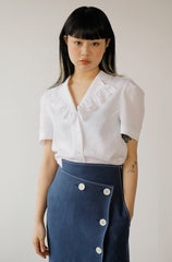 Short Sleeve Ruffled Collar Button-Up Women’s Blouse in Breathable Lightweight Linen Fabric