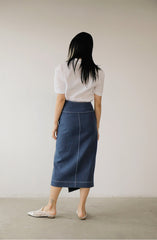 High-Waisted Asymmetric Button-Front Midi Skirt in Premium Cotton Denim Fabric