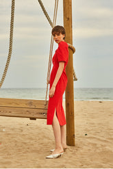 Elegant Linen Midi Dress with Sweetheart Neckline and Puff Sleeves for Women