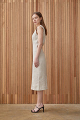 Sleeveless Square Neck Midi Dress in Breathable Natural Linen Fabric for Elegant Summer Wear