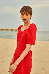 Elegant Linen Midi Dress with Sweetheart Neckline and Puff Sleeves for Women