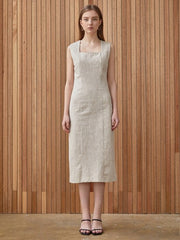 Sleeveless Square Neck Midi Dress in Breathable Natural Linen Fabric for Elegant Summer Wear