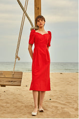 Elegant Linen Midi Dress with Sweetheart Neckline and Puff Sleeves for Women
