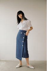 Short Sleeve Ruffled Collar Button-Up Women’s Blouse in Breathable Lightweight Linen Fabric