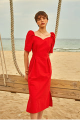 Elegant Linen Midi Dress with Sweetheart Neckline and Puff Sleeves for Women