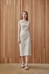 Sleeveless Square Neck Midi Dress in Breathable Natural Linen Fabric for Elegant Summer Wear