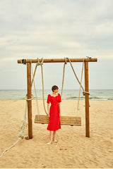 Elegant Linen Midi Dress with Sweetheart Neckline and Puff Sleeves for Women