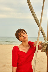 Elegant Linen Midi Dress with Sweetheart Neckline and Puff Sleeves for Women