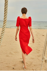 Elegant Linen Midi Dress with Sweetheart Neckline and Puff Sleeves for Women
