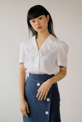 Short Sleeve Ruffled Collar Button-Up Women’s Blouse in Breathable Lightweight Linen Fabric