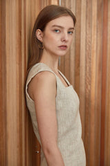 Sleeveless Square Neck Midi Dress in Breathable Natural Linen Fabric for Elegant Summer Wear