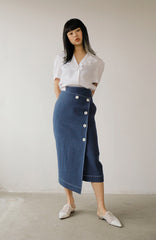 High-Waisted Asymmetric Button-Front Midi Skirt in Premium Cotton Denim Fabric