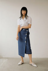 Short Sleeve Ruffled Collar Button-Up Women’s Blouse in Breathable Lightweight Linen Fabric