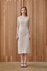 Sleeveless Square Neck Midi Dress in Breathable Natural Linen Fabric for Elegant Summer Wear