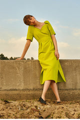 Elegant Puff Sleeve Sweetheart Neck Linen Midi Dress with Back Slit Detail