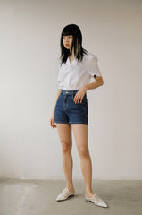 Short Sleeve Ruffled Collar Button-Up Women’s Blouse in Breathable Lightweight Linen Fabric