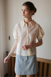 Women’s Embroidered Linen Shirt with Puff Sleeves and Oversized Collar Button Front Design