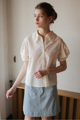 Women’s Embroidered Linen Shirt with Puff Sleeves and Oversized Collar Button Front Design
