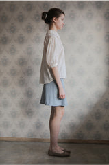 Women’s Embroidered Linen Shirt with Puff Sleeves and Oversized Collar Button Front Design