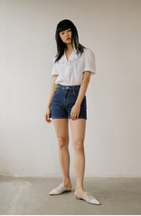 Short Sleeve Ruffled Collar Button-Up Women’s Blouse in Breathable Lightweight Linen Fabric