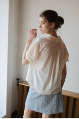 Women’s Embroidered Linen Shirt with Puff Sleeves and Oversized Collar Button Front Design