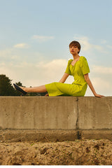 Elegant Puff Sleeve Sweetheart Neck Linen Midi Dress with Back Slit Detail