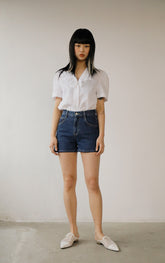 Short Sleeve Ruffled Collar Button-Up Women’s Blouse in Breathable Lightweight Linen Fabric