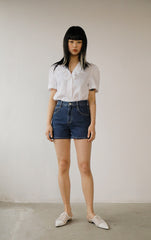 Short Sleeve Ruffled Collar Button-Up Women’s Blouse in Breathable Lightweight Linen Fabric