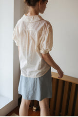 Women’s Embroidered Linen Shirt with Puff Sleeves and Oversized Collar Button Front Design