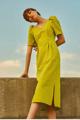 Elegant Puff Sleeve Sweetheart Neck Linen Midi Dress with Back Slit Detail