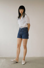 Short Sleeve Ruffled Collar Button-Up Women’s Blouse in Breathable Lightweight Linen Fabric