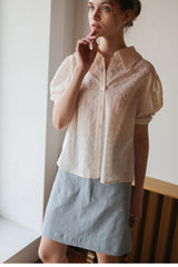 Women’s Embroidered Linen Shirt with Puff Sleeves and Oversized Collar Button Front Design