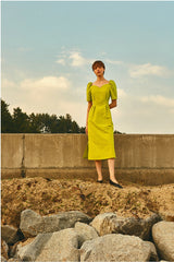 Elegant Puff Sleeve Sweetheart Neck Linen Midi Dress with Back Slit Detail