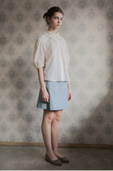 Women’s Embroidered Linen Shirt with Puff Sleeves and Oversized Collar Button Front Design