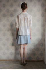 Women’s Embroidered Linen Shirt with Puff Sleeves and Oversized Collar Button Front Design