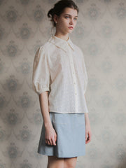 Women’s Embroidered Linen Shirt with Puff Sleeves and Oversized Collar Button Front Design