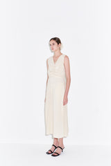 Sleeveless Linen Midi Dress for Women with V-Neckline and Draped Waist Detail – Flared Skirt