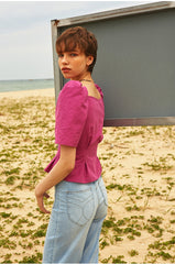 Puff Sleeve Button-Front Linen Blouse with Sweetheart Neckline for Women