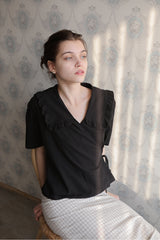 Women’s Linen Blouse with Ruffle Collar, Side Tie Detail, and Short Sleeves
