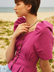 Puff Sleeve Button-Front Linen Blouse with Sweetheart Neckline for Women
