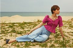 Puff Sleeve Button-Front Linen Blouse with Sweetheart Neckline for Women