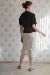 Women’s Linen Blouse with Ruffle Collar, Side Tie Detail, and Short Sleeves