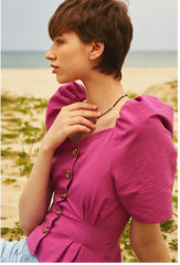 Puff Sleeve Button-Front Linen Blouse with Sweetheart Neckline for Women